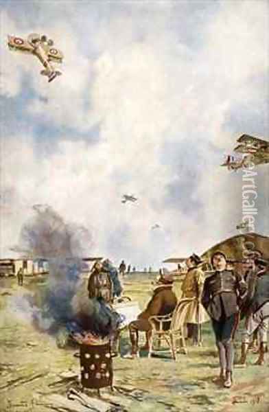 At a French pilot training centre a SPAD fighter plane loops the loop Oil Painting - Francois Flameng