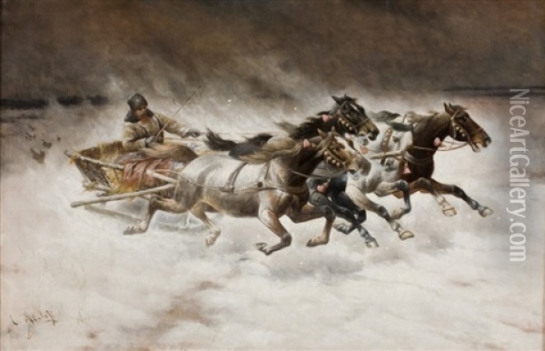 Wolfe Verfolgen Eine Troika Im Winter Oil Painting - Adolf (Constantin) Baumgartner-Stoiloff