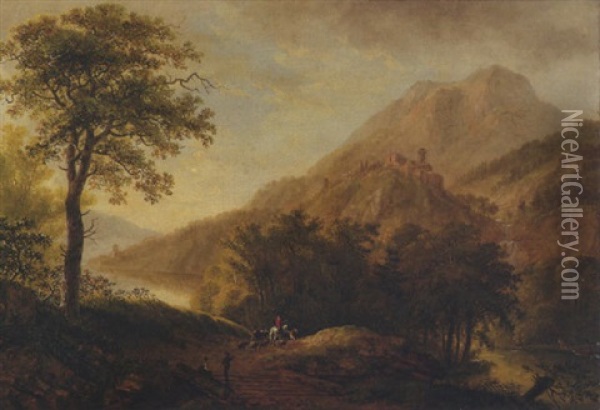 Landschaft Mit Berg Und Burg Oil Painting - Ludwig Hess
