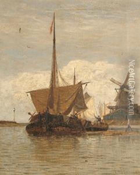 Boats In An Estuary With A Windmill Beyond Oil Painting - Charles Thorneley