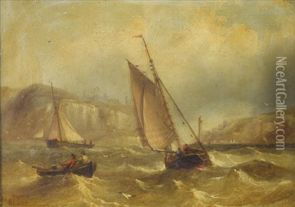Whitby, Yorkshire, Fishing Boats In A Swell, The Abbey And Lighthouse Beyond Oil Painting - Henry Redmore