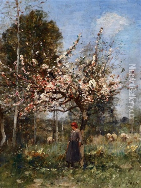 Schaferin Im Fruhling Unter Einem Bluhenden Apfelbaum Oil Painting - Louis Aime Japy