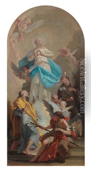 The Immaculate Conception With Saints Joseph And Anthony Oil Painting - Giovanni Battista Pittoni the younger