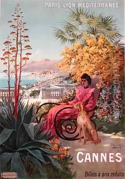 Travel poster advertising the Paris-Lyon-Mediterranee train line and holidays in Cannes Oil Painting - Hugo d' Alesi