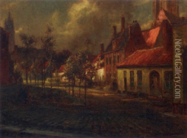 A Sunlit Street, Bruges Oil Painting - Pierre (Desire Eugene) Franc Lamy