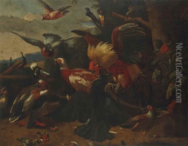 Composition Aux Oiseaux Avec Un Coq Se Battant Avec Un Corbeau Oil Painting - Melchior de Hondecoeter