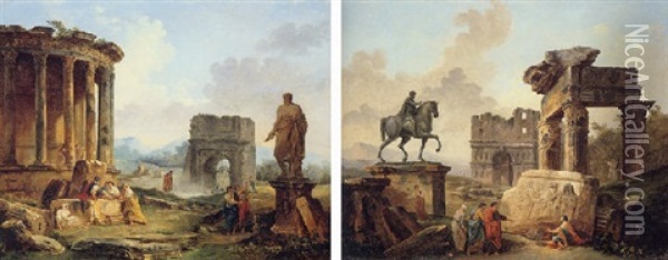 Cappricio Of Figures By The Temple Of Vesta And The Arch Of Titus Oil Painting - Hubert Robert