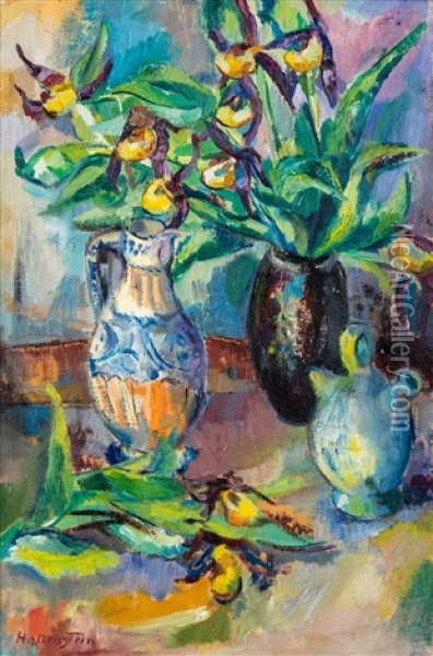 Stillleben Mit Blumenstraus In Vase Und Krugen Oil Painting - Stephanie Hollenstein