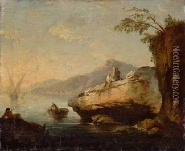 Paesaggio Costiero Con Pescatori In Riva Al Mare E Imbarcazione In Lontananza Oil Painting - Francesco Fidanza