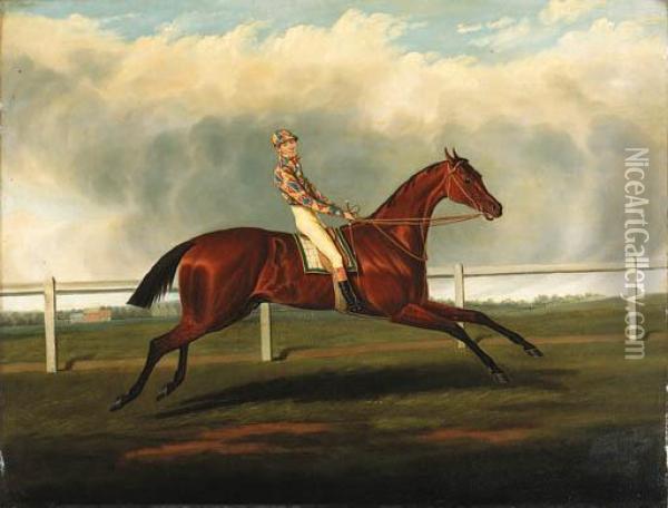 A Bay Racehorse With Jockey Up In The Colours Of Mr Richard Watt,on A Racecourse Oil Painting - David of York Dalby