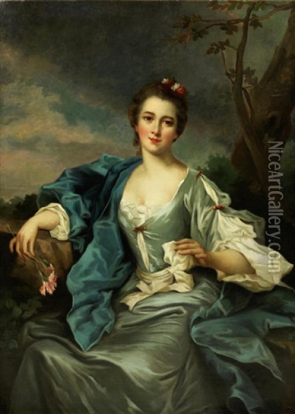 Portrait Of A Lady, Three-quarter Length, In A Light Blue Dress And Dark Blue Shawl, Holding A Carnation, In A Landscape Oil Painting - Jean Marc Nattier
