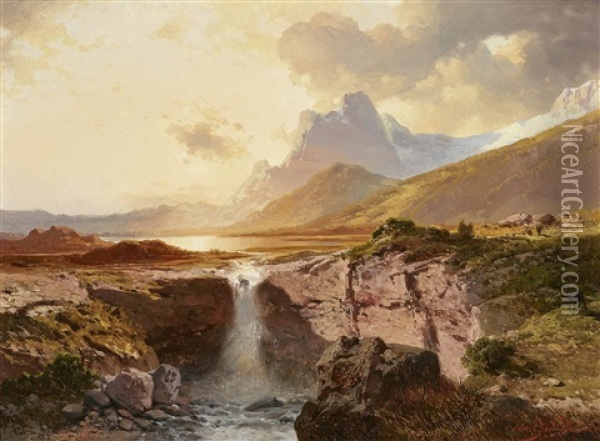 A Mountain Lake With A Waterfall At Sunset Oil Painting - August Albert Zimmermann