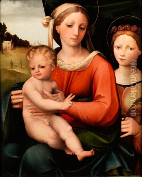 Maria Mit Kind Und Weiblicher Heiligen Oil Painting - Innocenzo di Pietro (da Imola) Francucci