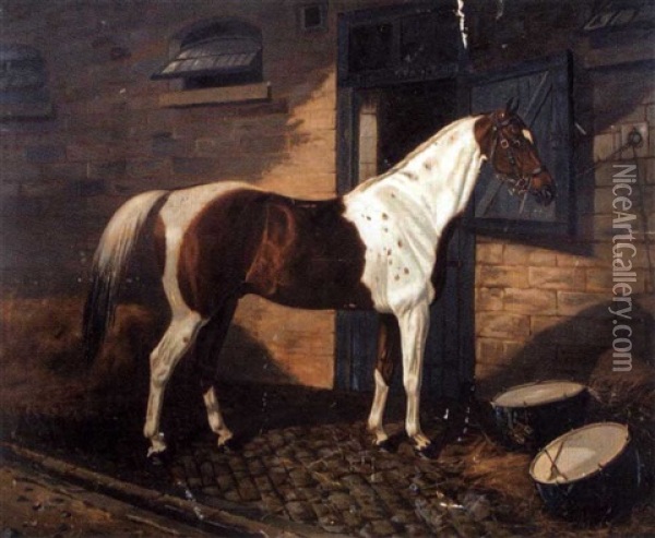 A Skewbald Light Drum Horse By Drums In A Stableyard Oil Painting - Benjamin Cam Norton
