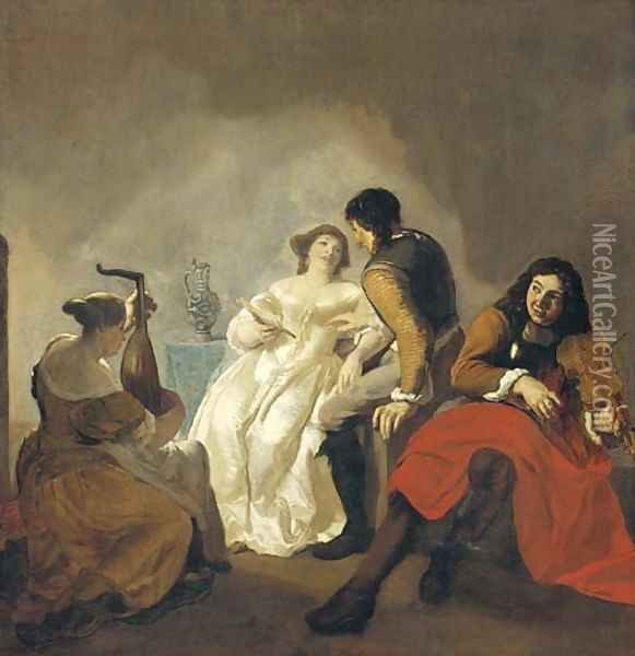 Elegant company making music in an interior Oil Painting - Jacob Ochtervelt