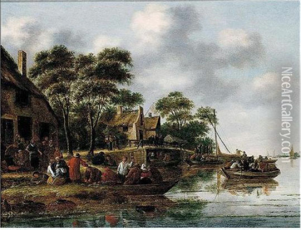 River Scene With Figures In Ferries, Others Gathered Before A Tavern Oil Painting - Thomas Heeremans