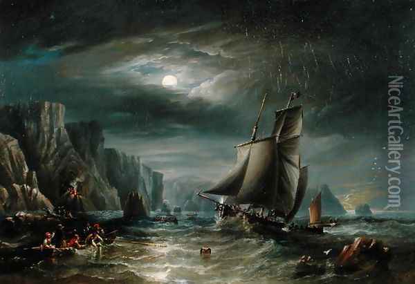 Moonlit Coastal Scene, 1840 Oil Painting - James Wilson Carmichael