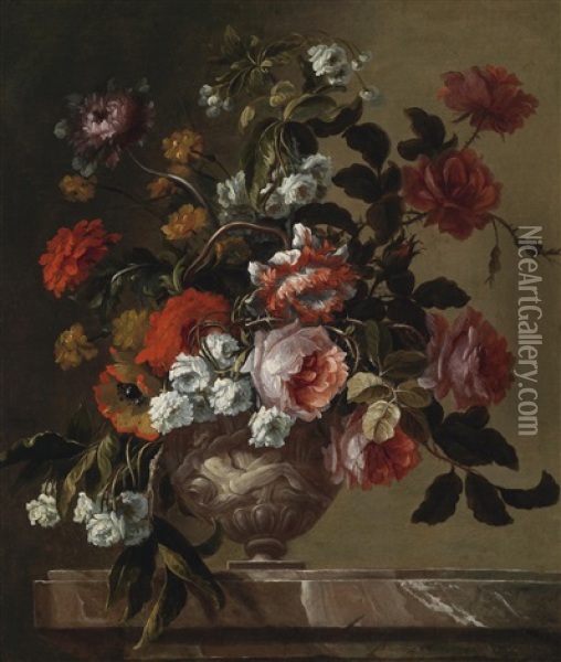 Ein Stillleben Von Rosen, Chrysanthemen, Mohn Und Anderen Blumen Oil Painting - Charles Gilles Dutillieu