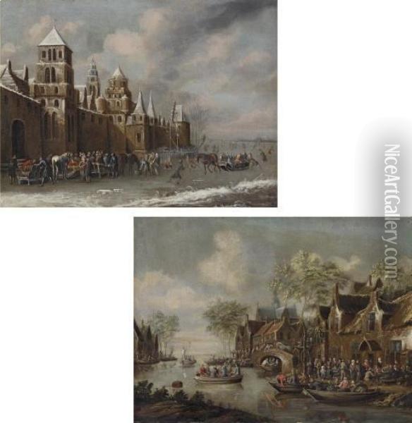 Winter: Figures Skating On A 
Frozen River By A Castle, A Town Beyond; And Spring: Figures Playing 
'drawing The Eel' On A River With Other Figures Smoking And Drinking 
Outside An Inn Oil Painting - Thomas Heeremans