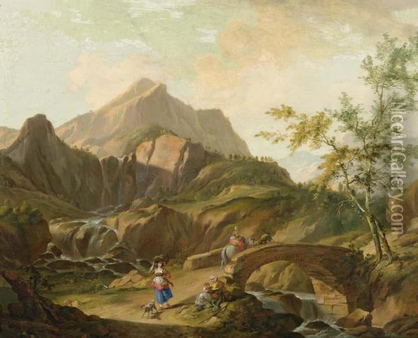 Mountain Landscape With A Bridge Over A River, With Herdsmen. 1764. Oil Painting - Johann Balthasar I Bullinger