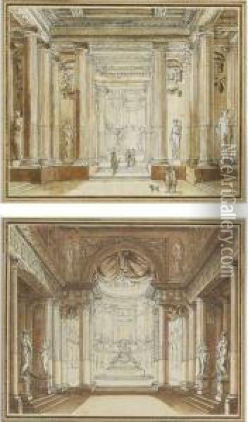 A Pair Of Elaborate Architectural Interiors Oil Painting - Jean-Michel Moreau