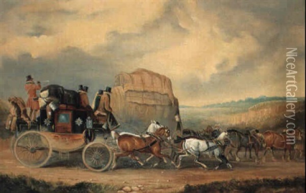 The Exeter-london Royal Mail Passing William Downe's Exeter Wagon Oil Painting - Charles Cooper Henderson