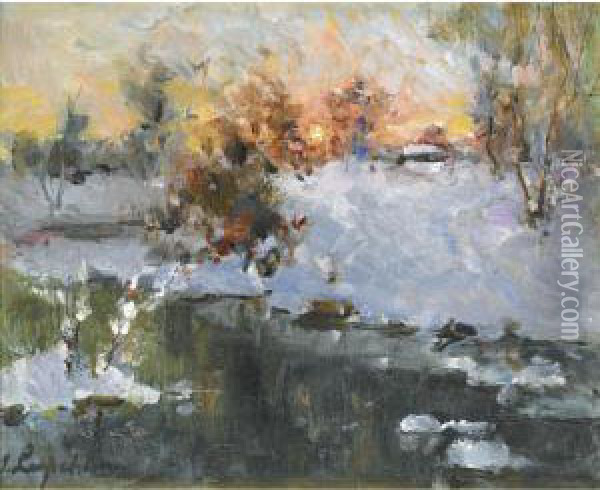 Paysage D'hiver Au Soleil Couchant Oil Painting - Georges Lapchine