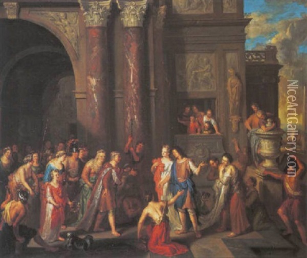 Esther Being Presented By Mordecai To King Ahasuerus Oil Painting - Gerard Hoet the Elder