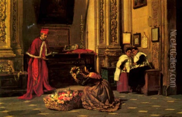 Presenting Flowers To The Cardinal Oil Painting - John Haynes-Williams