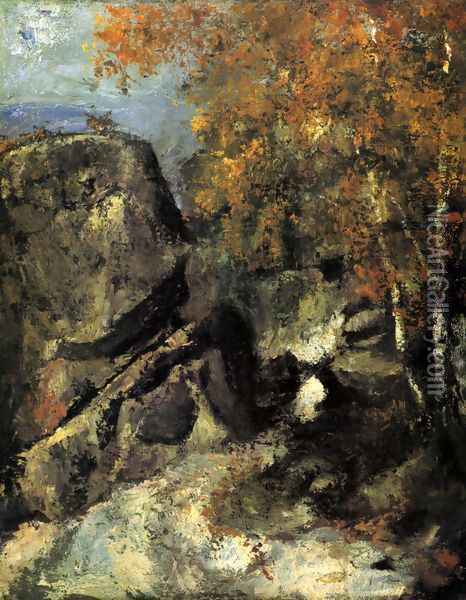 Rock in the forest of Fontainbleau Oil Painting - Paul Cezanne