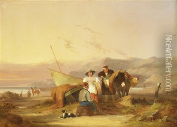 Fisherfolk On The Beach At Sunset Oil Painting - William Shayer the Elder