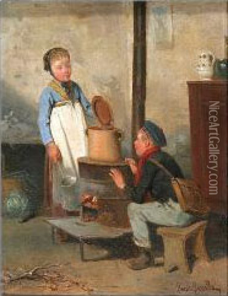 Young Maid And Boy Warming Themselves By A Stove Oil Painting - Louis Simon Lassalle