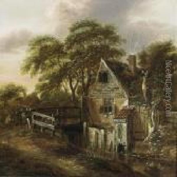 A Wooded Landscape With A Farm Near A Stream, And Figures On A Bridge Oil Painting - Claes Molenaar (see Molenaer)