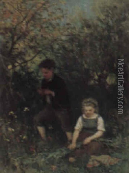 Blomsterbindande Flicka Och Taljande Pojke Oil Painting - Axel Gillis Hafstrom