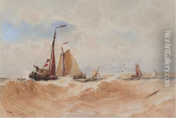 Fishing Vessels In Stormy Weather Oil Painting - Thomas Bush Hardy