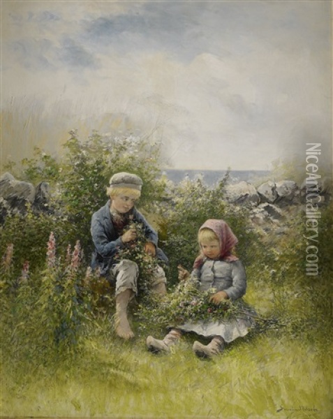 Barn Pa Blomsterang Oil Painting - Johan Severin Nilsson