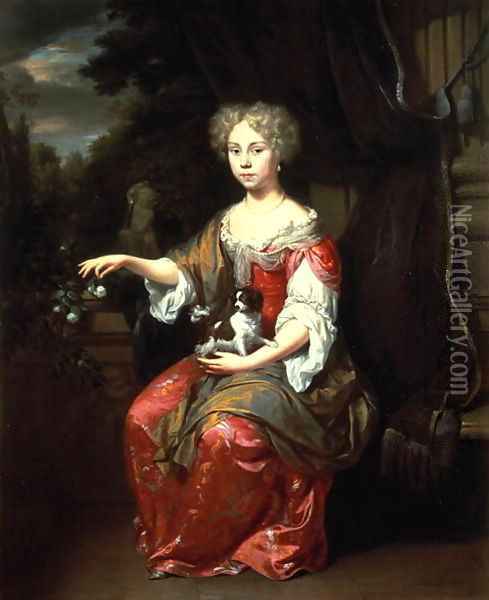 Portrait of a Lady holding her pet King Charles Spaniel Oil Painting - Johannes Verkolje