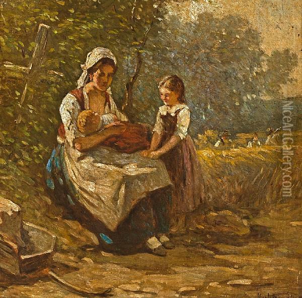 A Rest From The Fields Oil Painting - Hugh Newell