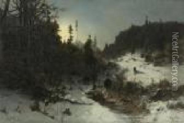 Wildschweinrotte Im Nachtlichen
 Winterwald. Oil Painting - August Fink