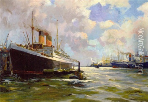 Hamburger Hafen Oil Painting - August Schlueter