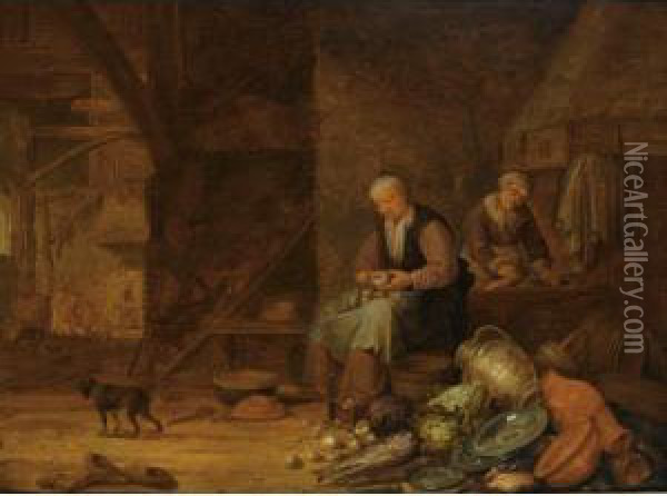 A Barn Interior With A Woman 
Peeling Onions And Another Woman Cleaning, A Still Life Of Pots, A 
Copper Jug And Plates, Cabbages, Onions And Fish In The Foreground, A 
Dog To The Left Oil Painting - Pieter Symonsz Potter