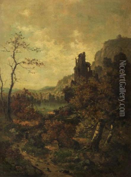 Grosse Herbstlandschaft Mit Blick Aufeinen Teich Oil Painting - G Mancari