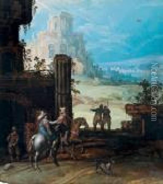 Paesaggio Con Cavalieri E Rovine Oil Painting - Tobias van Haecht (see Verhaecht)