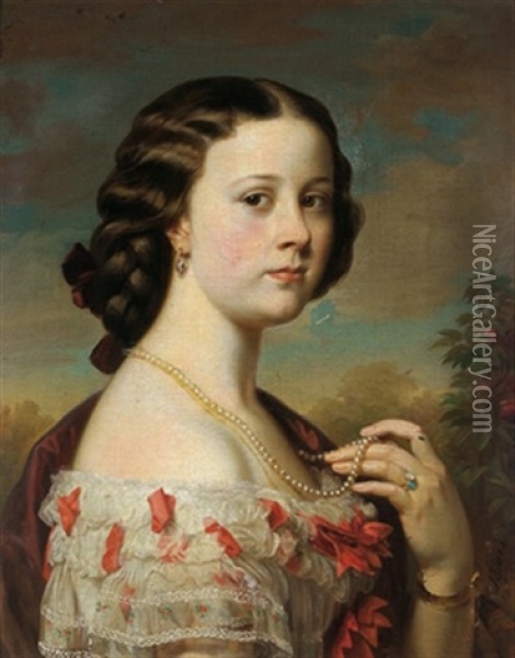 Bildnis Einer Dame Im Profil Mit Perlenkette Oil Painting - Karl von Blaas