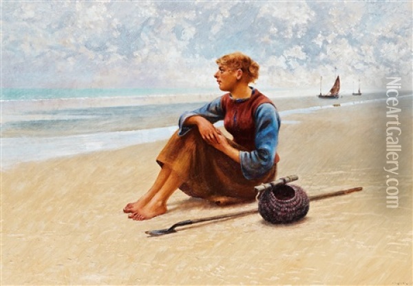 Fisherwoman On The Coast Oil Painting - August Vilhelm Nikolaus Hagborg