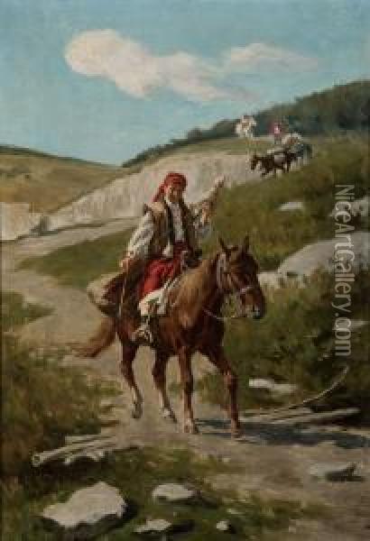 Peasant Girl On Horseback Spinning Oil Painting - Wladyslaw Szerner