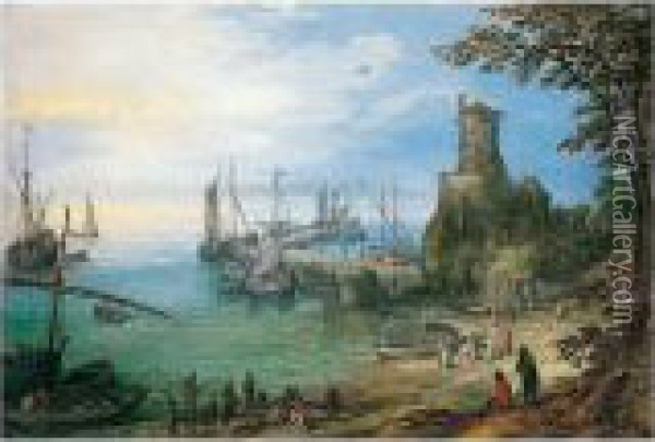 A Harbour Scene Overlooked By A Watchtower With Fishermen Unloading Their Catch Oil Painting - Jan The Elder Brueghel