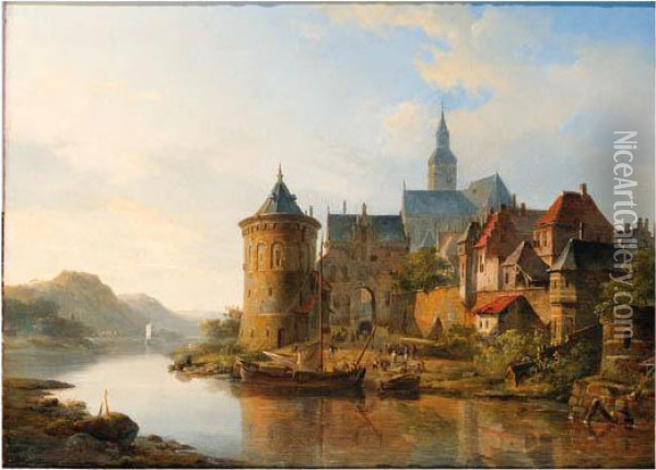 A View Of A Town Along The Rhine Oil Painting - Cornelis Springer