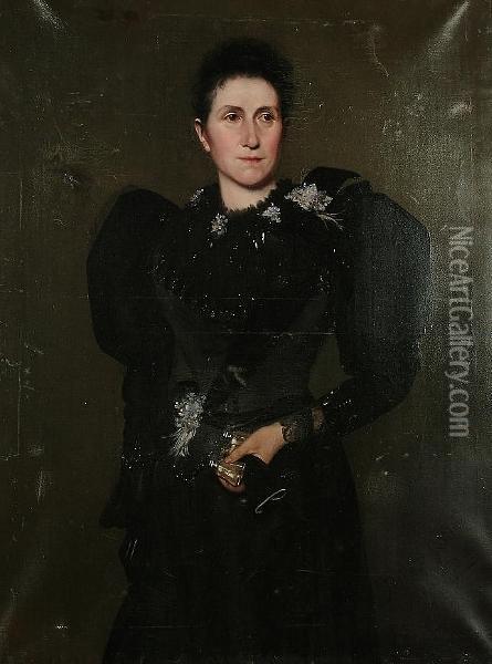 Portrait, Three Quarter Length Of A Lady Wearing A Black Dress, Holding Opera Glasses Oil Painting - Jennett Collins