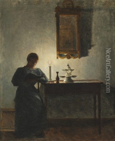 Interior With A Young Woman Reading By The Candlelight Oil Painting - Peter Vilhelm Ilsted
